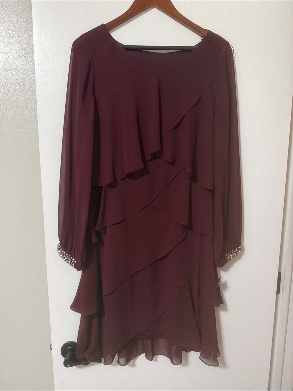 SLNY Burgundy Long-Sleeve Ruffle Dress with Beaded Cuffs
